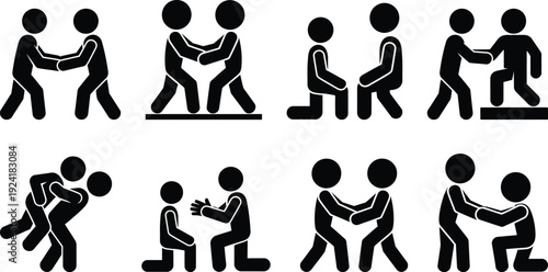 A sequence of stick figures demonstrating various stages of a physical altercation or self-defense technique.