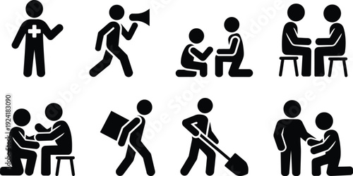 Simple black silhouettes of people working together in various tasks and roles.