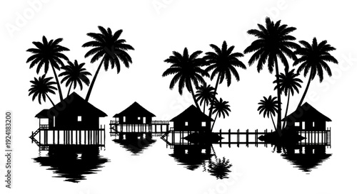 Tropical huts on stilts surrounded by palm trees over water.