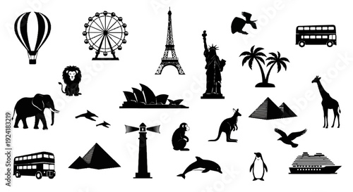 Collection of famous landmarks and animals from around the world in silhouette.