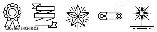 Collection of diverse outline icons including a rosette, ribbon banner, shining star, safety pin, and sparkler, presented in a clean, minimalist line art style