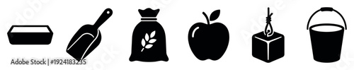 Six distinct black silhouette icons, including a tray, scoop, grain sack, apple, tied cube, and bucket, are neatly arranged in a row, presented with a clean, graphic style