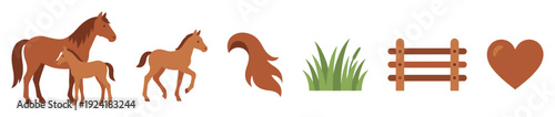 Brown horses and farm elements are depicted in a charming flat vector illustration, showcasing a horse family, green grass, a wooden fence, and a heart, rendered with simple shapes and warm tones