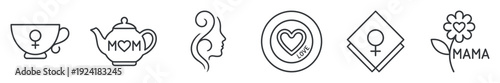 Six distinct line art icons representing femininity and motherhood, rendered in a minimalist, clean, and elegant black outline style, conveying themes of care and affection