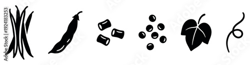 Various black silhouette food and plant icons illustrate a diverse collection of natural ingredients and botanical elements in a clean, graphic style