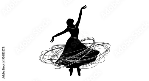 Silhouette of a dancing woman with swirling skirt.