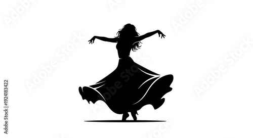 A woman dancing with her arms outstretched and skirt flowing around her.