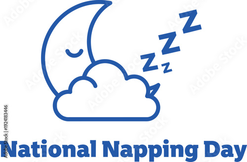 National napping day vector illustration, blue moon with sleeping face, cloud, and zzz letters for sleep and relaxation concept graphic design