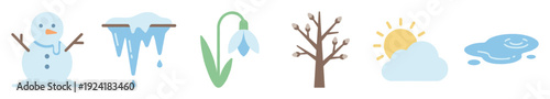 Six colorful flat design icons depict winter and spring elements, including a melting snowman, dripping icicles, a snowdrop, pussy willow, sun with cloud, and a puddle, presented in a simple style