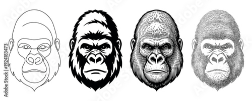 Four distinct black and white gorilla head illustrations showcase diverse artistic styles including line art, bold vector, detailed engraving, and stipple art