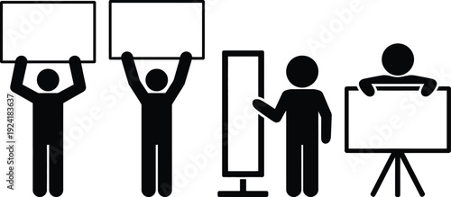 Four people presenting information using various display methods and tools.