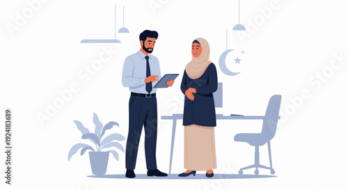 Two colleagues discussing in office setting.