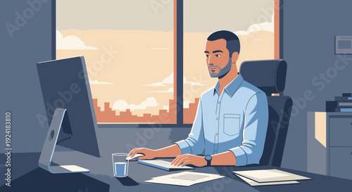 Man working on computer at office desk.