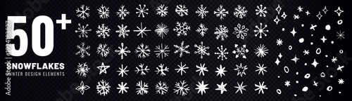 Set of white hand drawn snowflakes isolated on transparent background. Chalk and crayon doodle winter elements with stars and sparkles.