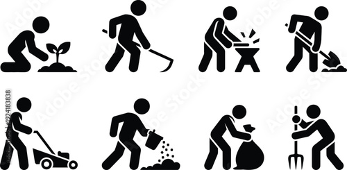 A series of silhouetted figures performing various gardening tasks.