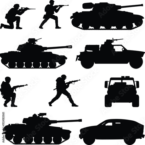 Military army silhouettes set featuring soldiers with rifles, tank and armored vehicles, black defense forces vector illustration isolated on white background