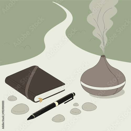 Aromatherapy diffuser, notebook, and pen on a table