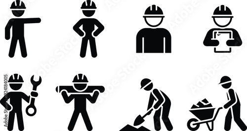 Various construction workers performing different tasks and wearing hard hats
