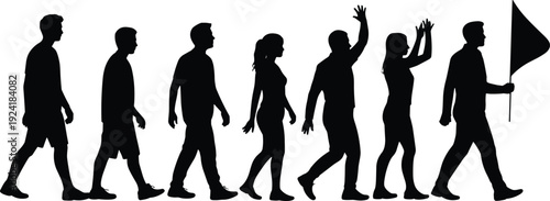 Protesters silhouettes set featuring walking crowd with raised hands and flag, black demonstration vector illustration isolated on white background