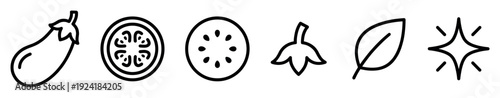 Collection of simple black outline vegetable and fruit icons, including an eggplant, slices, a calyx, and a leaf, presented in a clean, minimalist graphic style