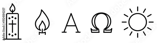 Five distinct religious spiritual line art icons, including a candle with a cross, a flame, Alpha, Omega, and a sun, rendered in a minimalist outline style