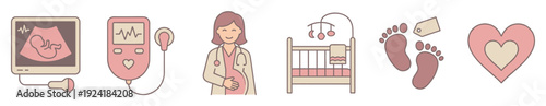 Collection of pregnancy and baby care icons featuring ultrasound, fetal monitor, a pregnant doctor, baby crib, footprints, and a loving heart, rendered in a gentle, illustrative flat design style