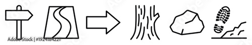 Six black outline hiking adventure icons are arranged horizontally, depicting a journey through nature with signs, paths, trees, rocks, and footprints in a minimalist style