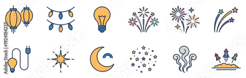 Vibrant collection of festive celebration and light icons, featuring lanterns, string lights, fireworks, stars, and rockets in a cheerful, simple flat design style
