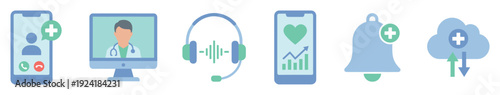 Six flat design digital health and telemedicine icons representing online medical consultations, patient data, and healthcare services in a modern, clean illustration style