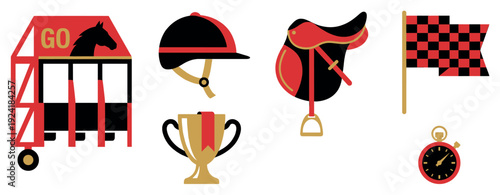 Vibrant collection of horse racing themed graphic icons, featuring a starting gate, jockey helmet, saddle, trophy, checkered flag, and stopwatch, rendered in a clean, modern flat design