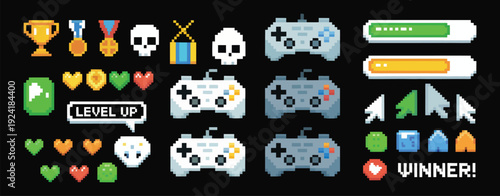 Pixel Art Arcade UI Vector Set, 8 Bit Retro Video Game Buttons, Joystick, Arrows, Life Bar with Hearts, Console Interface Menu Icons, Trophy Cups, Gamepads, and Typing Bubble