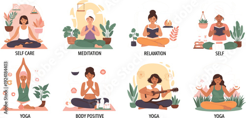 Self Care and Meditation Women Flat Vector Illustration Set with Yoga, Relaxation, Mindfulness, and Wellness Activities for Healthy Lifestyle and Mental Health Design