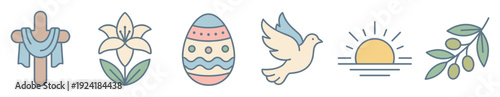 Six distinct pastel Christian Easter symbols, including a draped cross, lily, decorated egg, flying dove, rising sun, and olive branch, are rendered in a clean, modern, flat line art style