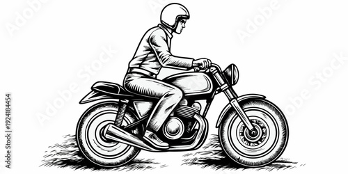 Vintage Cafe Racer Motorcycle Rider Illustration - Classic Biker Retro Sketch