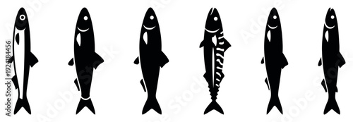 Six stylized black fish icons are horizontally arranged, each displaying a minimalist design with subtle variations in internal markings and fin shapes, presented as a clean graphic illustration
