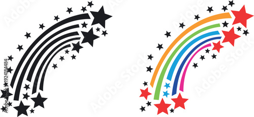 Stylized shooting star trails with scattered stars in monochrome and rainbow vector variants for magic celebration design