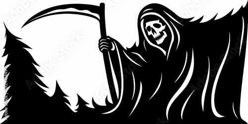 Grim Reaper with Scythe in Spooky Forest Night Silhouette Vector