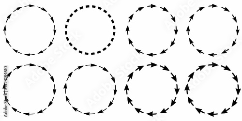 Circular arrow arrangements depicting rotational movement and geometric patterns