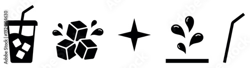 Collection of beverage and liquid-related icons, presented as clean black silhouettes with sharp details, conveying refreshment and hydration in a minimalist graphic style