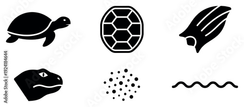 Various black marine reptile animal graphic silhouettes are presented in a minimalist, flat design style, featuring a turtle, its shell, a diving fin, a lizard head, bubbles, and a wave line
