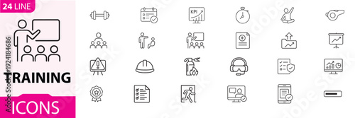 A collection of 25 black and white training and education icons