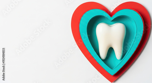 Tooth in a colorful heart shape representing dental care awareness with a clean background for a Dental Day poster, copy space included.
