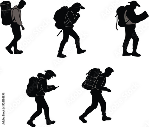 Hiking and backpacking silhouette vector collection. Includes hikers with large backpacks walking, looking at phone, and checking map. Created in solid black silhouette style with gray accents.