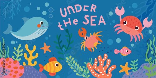 Colorful illustration depicting underwater sea life with a playful design