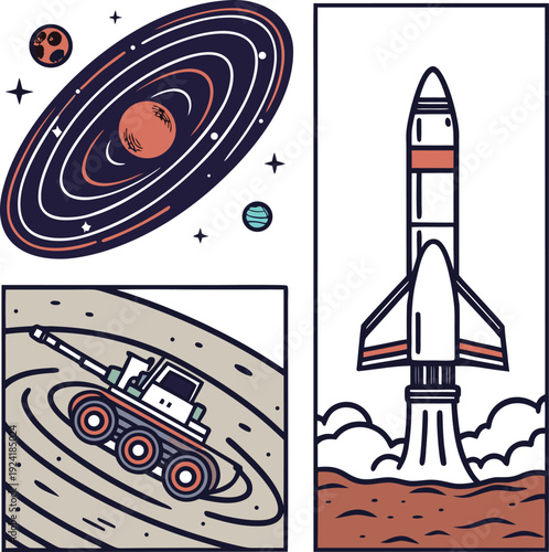 Space exploration outline icon collection. Includes rocket launch, solar system, and Mars rover symbols. Created in a flat outline style with a dark blue, orange, and beige palette.