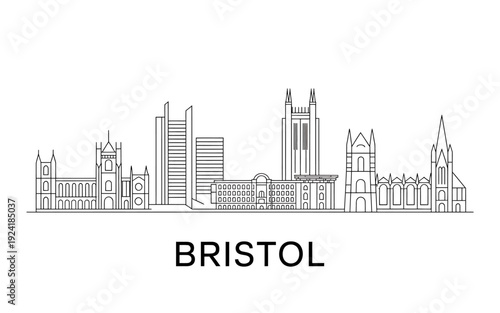 Bristol city skyline with famous buildings and towers  UK cityscape illustration