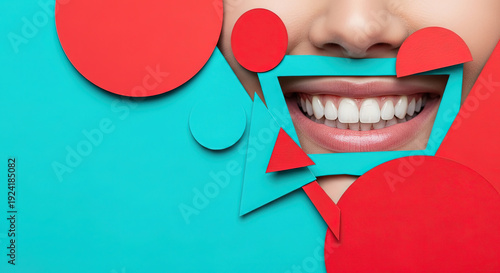 Smiling face with vibrant geometric shapes portraying joy and creativity against a bright blue background, perfect for a Dental Day poster with copy space.