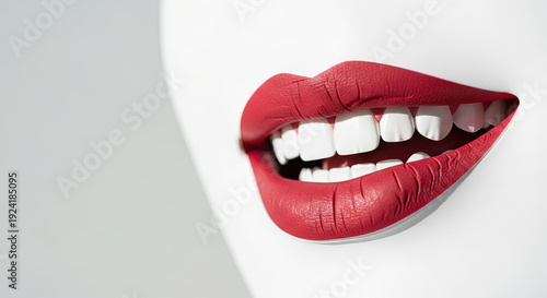Stunning white teeth with vibrant red lips showcasing a bright smile against a minimalist background with copy space for a Dental Day poster