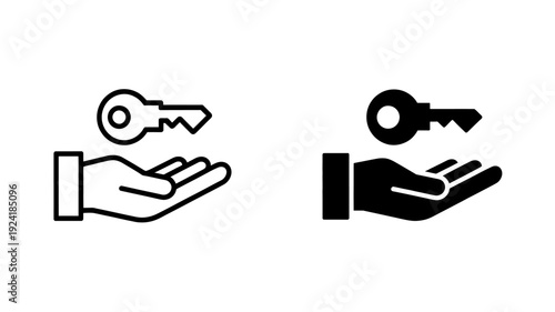 Black and white line icons of hands holding keys