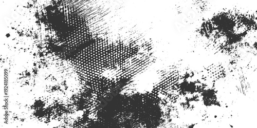 Grungy black and white distressed texture with abstract paint splatters and crosshatch patterns grunge